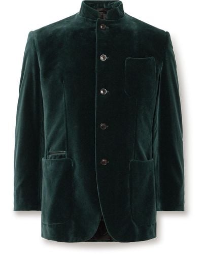 James Purdey & Sons Estate Mandarin-collar Leather-trimmed Cotton-velvet Tuxedo Jacket - Green