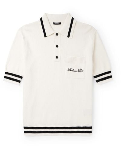 Balmain Logo-embroidered Striped Knitted Polo Shirt - White