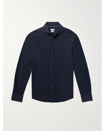Brunello Cucinelli Cutaway-collar Silk And Cotton-blend Shirt - Blue