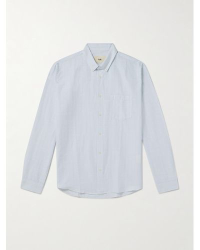 Folk Button-down Collar Striped Cotton And Linen-blend Shirt - Blue
