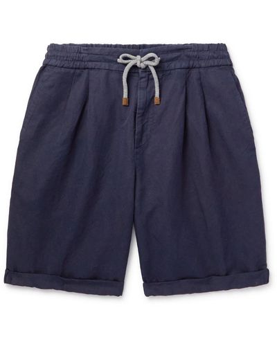Brunello Cucinelli Straight-leg Linen And Cotton-blend Drawstring Shorts - Blue