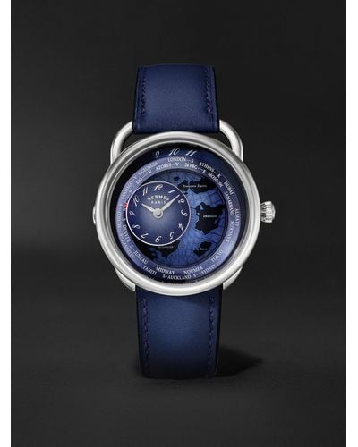Hermès Arceau Le Temps Voyageur 38 mm Uhr aus Edelstahl mit automatischem Aufzug und Lederarmband - Blau