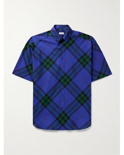 Burberry Camicia in twill di cotone a quadri con collo button-down e logo ricamato - Blu