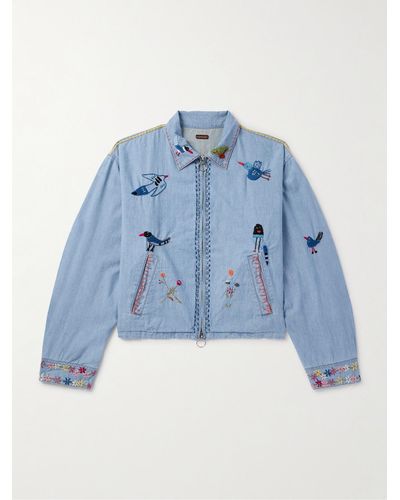 Kapital Drizzler Cropped Embroidered Cotton-chambray Jacket - Blue