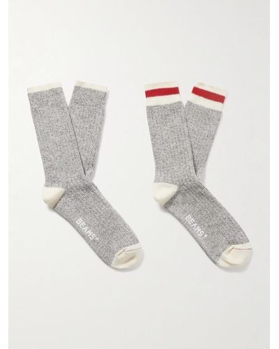 Beams Plus Rag Set aus zwei Paar Socken aus einer Baumwollmischung in Rippstrick mit Streifen - Weiß