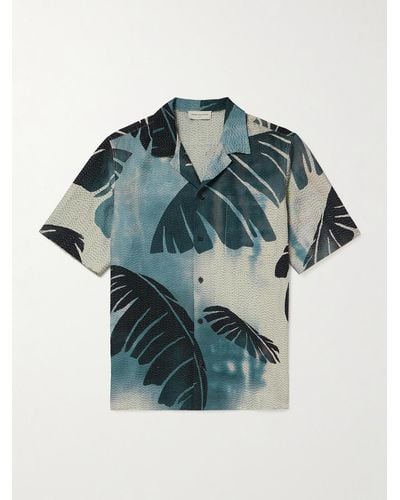 Dries Van Noten Camicia in raso di misto cotone e seta stampato con ricami e colletto aperto - Blu