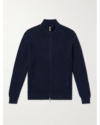 Brunello Cucinelli Ribbed-knit Cotton Zip-up Jumper - Blue