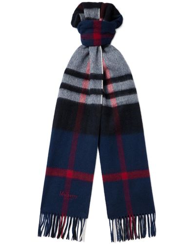 Mulberry Logo-embroidered Fringed Checked Wool Scarf - Blue