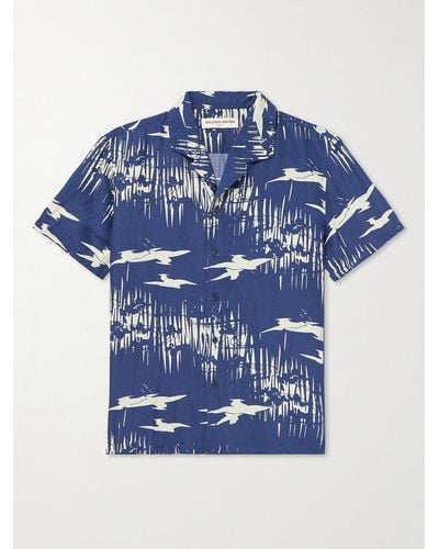 Orlebar Brown Camicia in misto lino stampato con colletto aperto Hibbert Living Dream - Blu