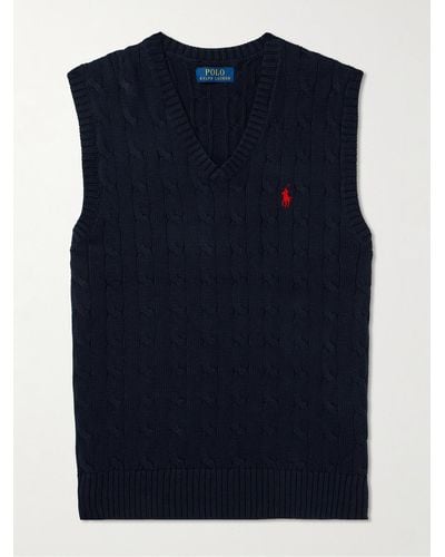 Polo Ralph Lauren Slim-fit Logo-embroidered Cable-knit Cotton Jumper Vest - Blue