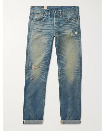 RRL Ridgway schmal geschnittene Jeans aus Selvedge Denim in Distressed-Optik - Blau