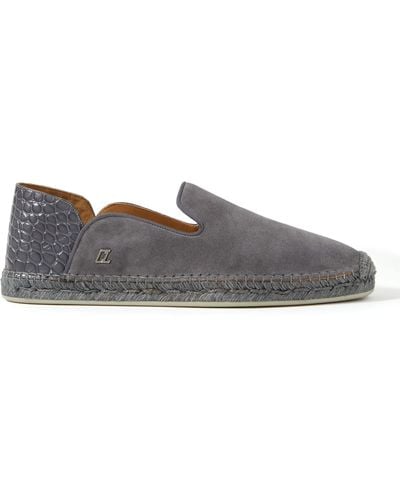 Christian Louboutin Collapsible-heel Croc-effect Leather-trimmed Suede Espadrilles - Gray
