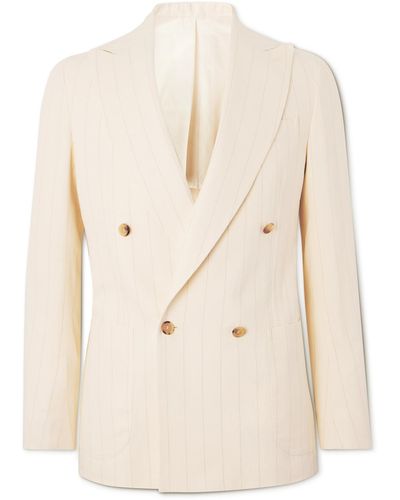De Petrillo Double-breasted Pinstriped Cotton And Linen-blend Blazer - Natural