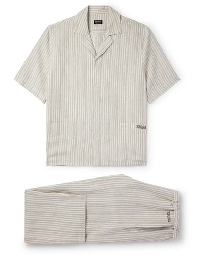Zegna Logo-embroidered Striped Linen Pajama Set - White