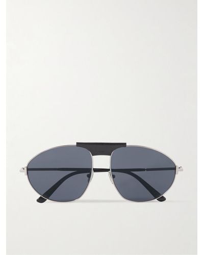 Tom Ford Ken Aviator-style Leather-trimmed Silver-tone Sunglasses - Blue