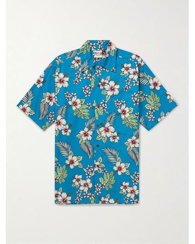 Go Barefoot Haole Hibiscus Convertible-collar Floral-print Cotton Shirt - Blue