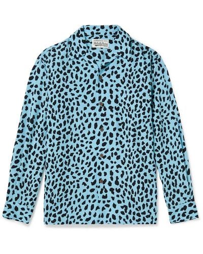 Wacko Maria Camp-collar Leopard-print Tm Lyocell Shirt - Blue