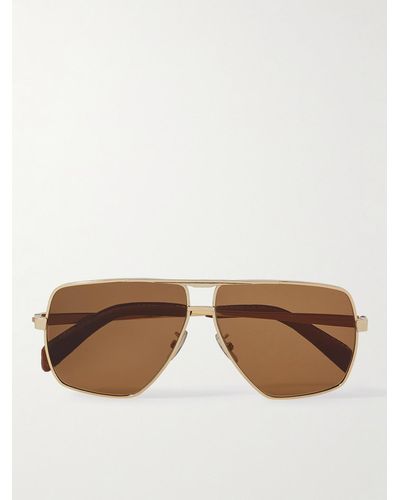 CELINE HOMME Aviator-style Gold-tone And Leather Sunglasses With Chain - Brown