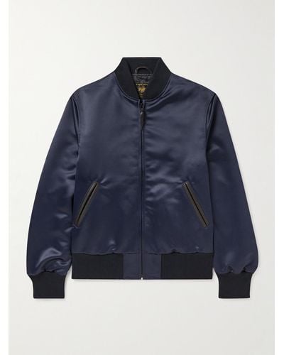 Golden Bear Sukajan Leather-trimmed Satin Bomber Jacket - Blue