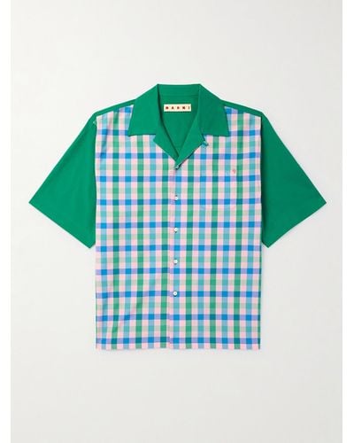 Marni Convertible-collar Logo-embroidered Checked Cotton-poplin Shirt - Green