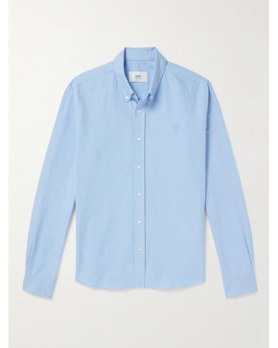 Ami Paris Camicia in cotone con collo button-down e logo ricamato - Blu