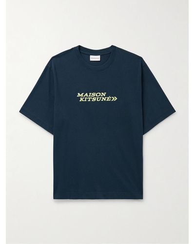 Maison Kitsuné Go Faster T-Shirt aus Baumwoll-Jersey mit Logostickerei - Blau