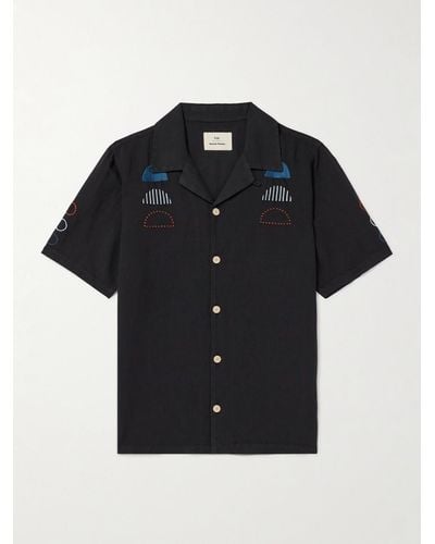 Folk Damien Poulain Convertible-collar Embroidered Linen And Cotton-blend Shirt - Black