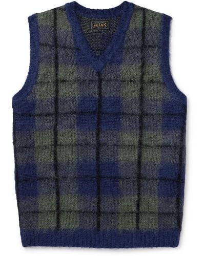 Beams Plus Checked Knitted Sweater Vest - Blue