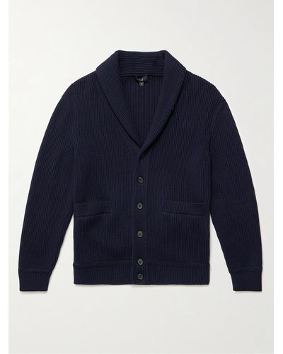 Dunhill Shawl-collar Suede-trimmed Ribbed Merino Wool Cardigan - Blue