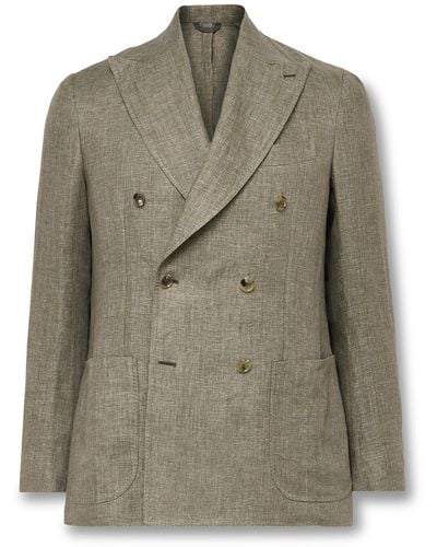 De Petrillo Double-breasted Herringbone Linen Suit Jacket - Green