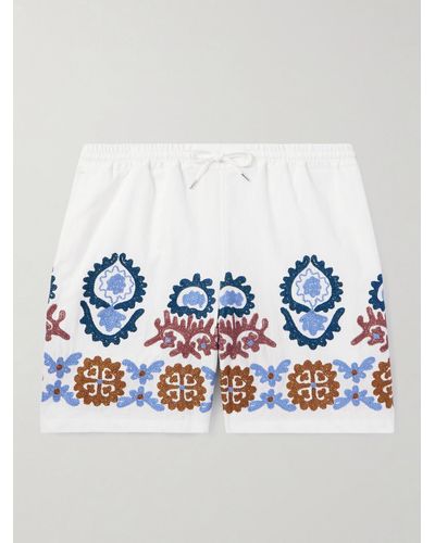 A Kind Of Guise Volta Straight-leg Embroidered Slub Cotton Drawstring Shorts - Blue