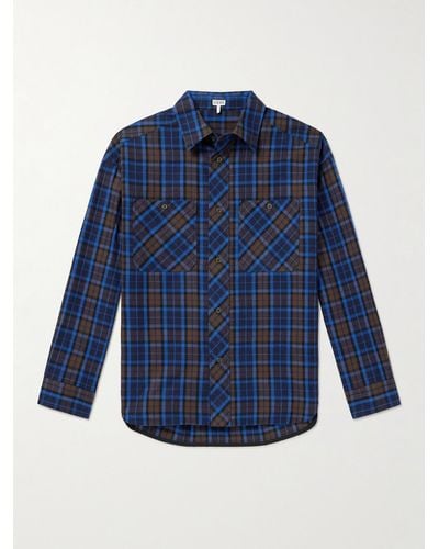 Loewe Leather-trimmed Checked Cotton-flannel Shirt - Blue