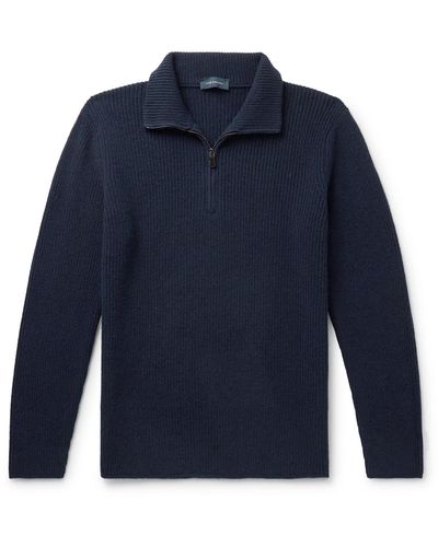 Thom Sweeney Ribbed Merino Wool And Cashmere-blend Half-zip Sweater - Blue