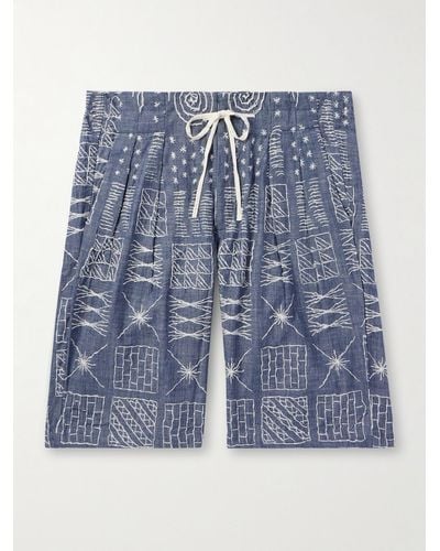 Monitaly Shorts a gamba larga in chambray di cotone ricamato con pinces e coulisse - Blu