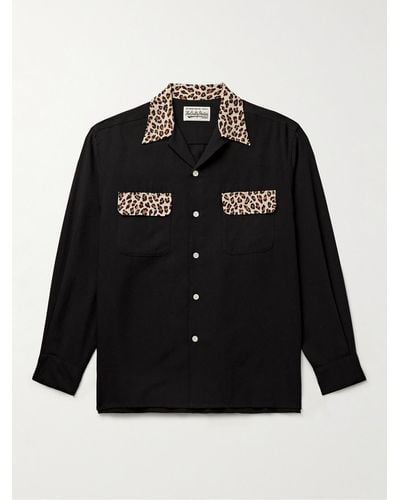 Wacko Maria Convertible-collar Leopard Print-trimmed Tm Lyocell Shirt - Black