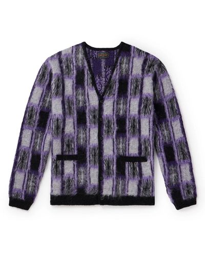 Beams Plus Checked Jacquard-knit Cardigan - Purple