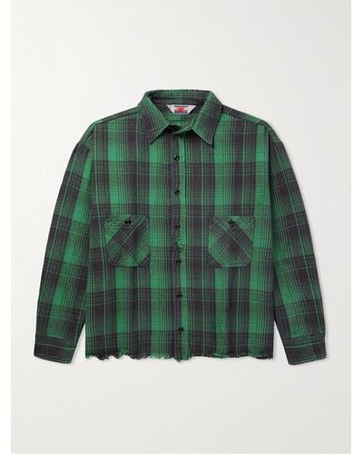 SAINT Mxxxxxx Distressed Checked Cotton-flannel Shirt - Green