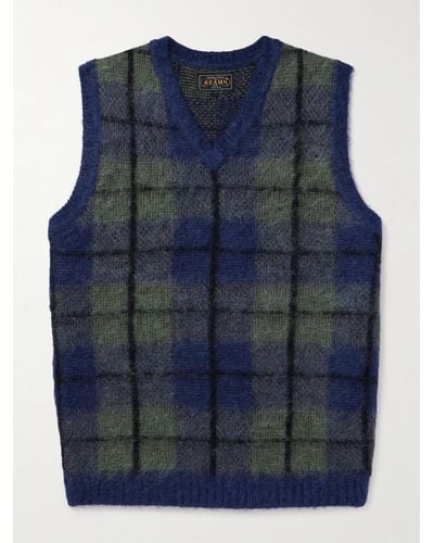 Beams Plus Checked Knitted Jumper Vest - Blue