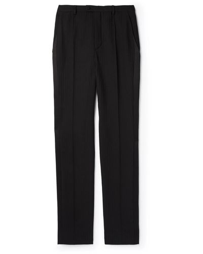 Saint Laurent Straight-leg Pleated Silk-trimmed Herringbone Wool Tuxedo Pants - Black
