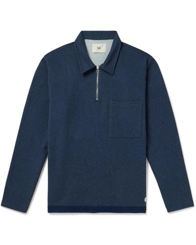 Folk Signal Chambray-trimmed Cotton-jersey Half-zip Sweatshirt - Blue