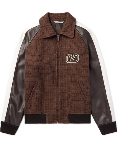 Valentino Garavani Cotton-blend Tweed And Leather Bomber Jacket - Brown