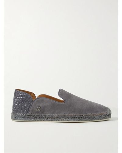 Christian Louboutin Collapsible-heel Croc-effect Leather-trimmed Suede Espadrilles - Grey