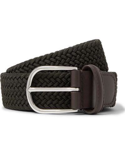 Anderson's 3.5cm Leather-trimmed Woven Elastic Belt - Black