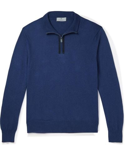 Canali Suede-trimmed Cotton Half-zip Sweater - Blue