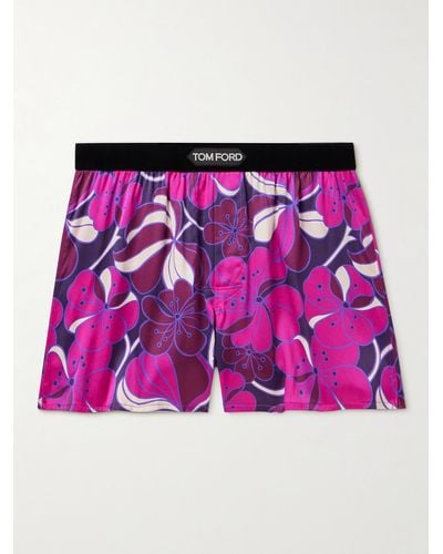 Tom Ford Floral-print Velvet-trimmed Stretch-silk Satin Boxer Shorts - Purple