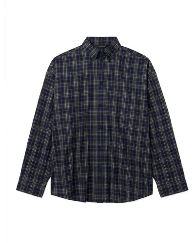 Balenciaga Oversized Button-down Collar Logo-print Checked Cotton-flannel Shirt - Blue