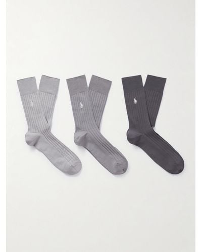 Polo Ralph Lauren Confezione da tre paia di calze in misto cotone a costine con logo ricamato - Bianco