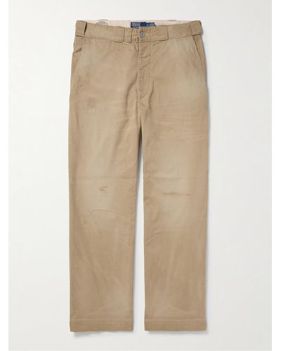 Polo Ralph Lauren Straight-leg Embroidered Distressed Cotton-twill Trousers - Natural