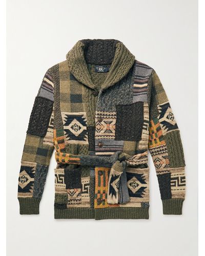 RRL Cardigan in misto lana patchwork con cintura e collo a scialle - Grigio