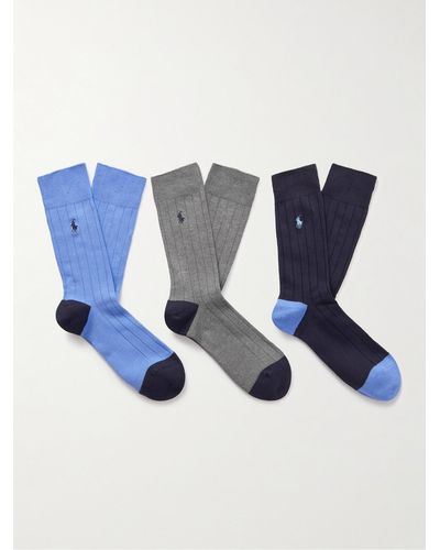 Polo Ralph Lauren Three-pack Logo-embroidered Stretch Cotton-blend Socks - Blue